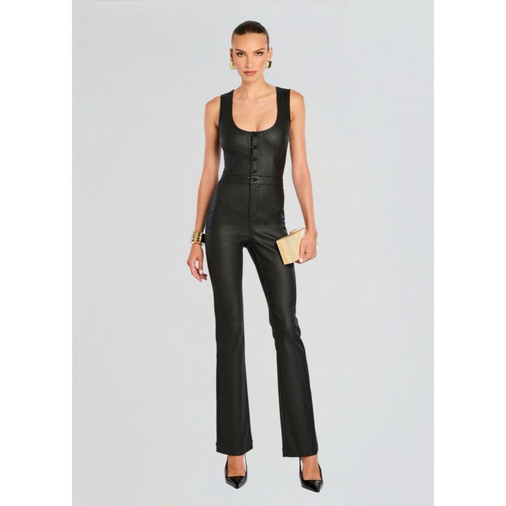 Retrofete Mckinnon Coated Denim Jumpsuit Black Womens L Sleeveless Flare Leg